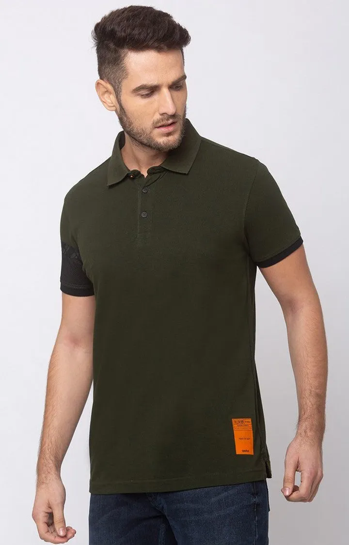 Spykar Men Rifle Green Cotton Slim Fit Plain Polo Collar Tshirt