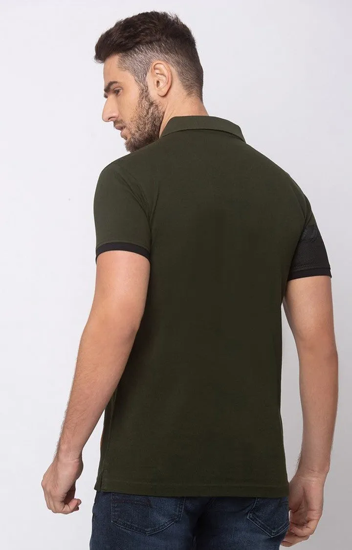 Spykar Men Rifle Green Cotton Slim Fit Plain Polo Collar Tshirt