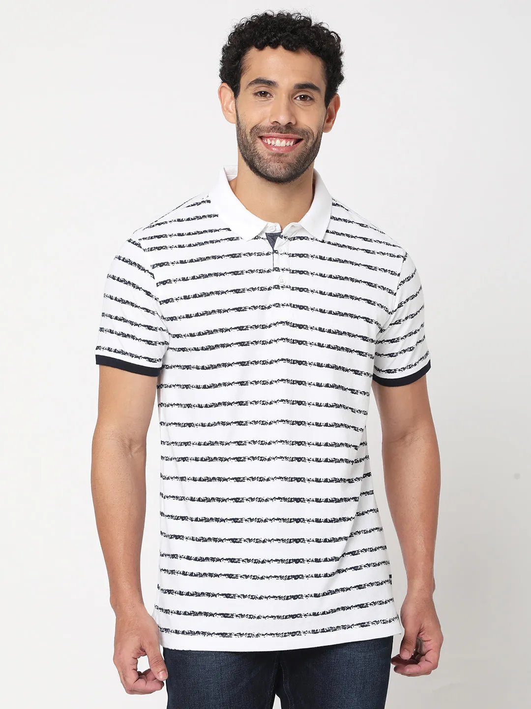 Spykar Men White Cotton Half Sleeve Striped Polo Tshirt