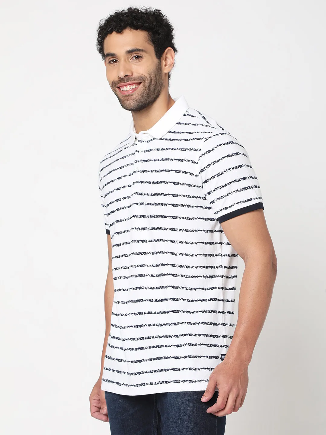 Spykar Men White Cotton Half Sleeve Striped Polo Tshirt