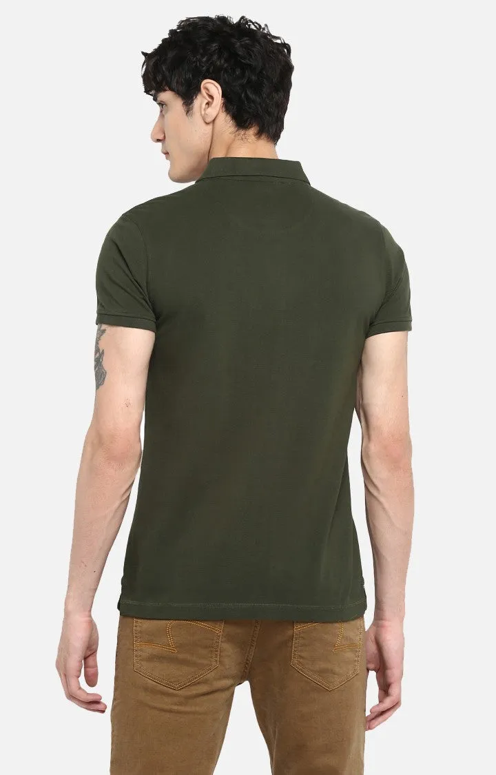 Spykar Olive Printed Slim Polo Fit T-Shirt