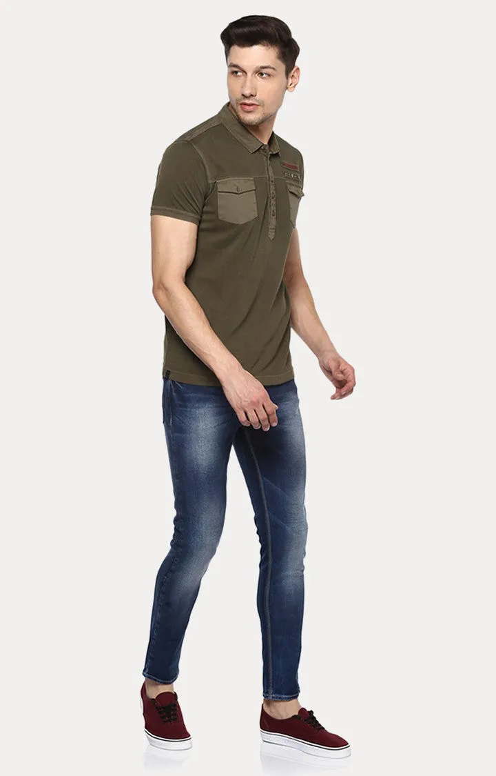 Spykar Olive Solid Slim Fit Polo T-Shirt