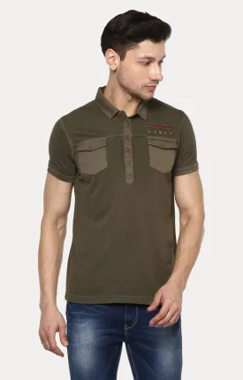 Spykar Olive Solid Slim Fit Polo T-Shirt