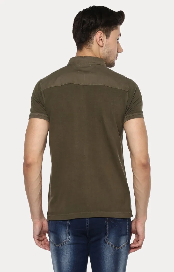 Spykar Olive Solid Slim Fit Polo T-Shirt