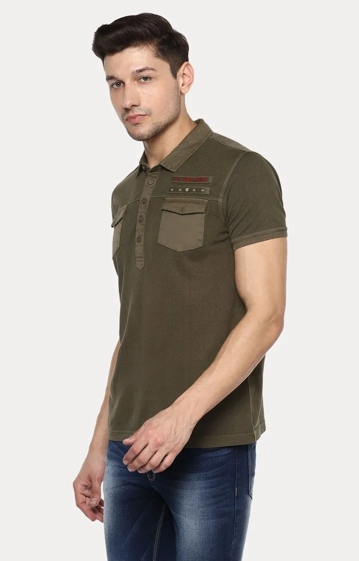 Spykar Olive Solid Slim Fit Polo T-Shirt