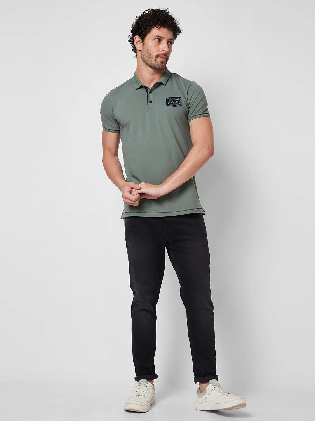 Spykar SLIM FIT Green Polo T-shirt  For Men