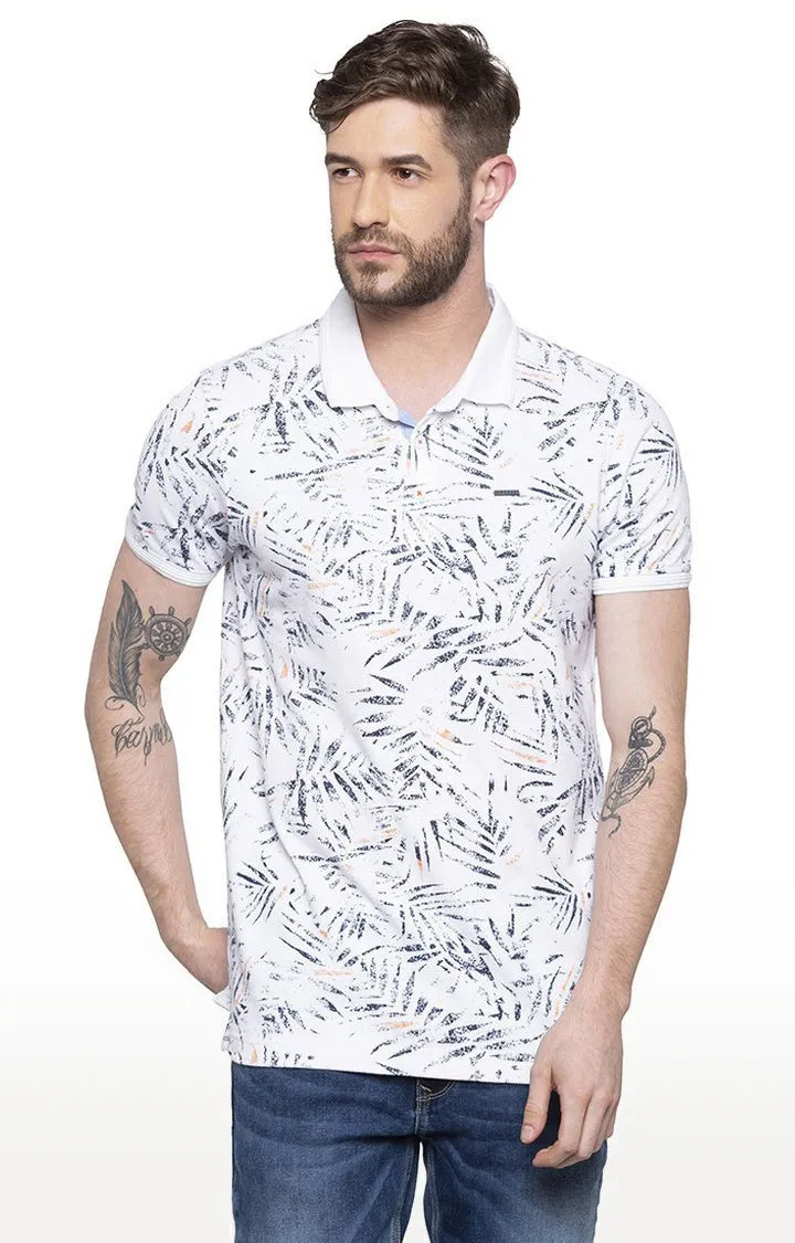 Spykar White Printed Slim Fit Polo T-Shirt