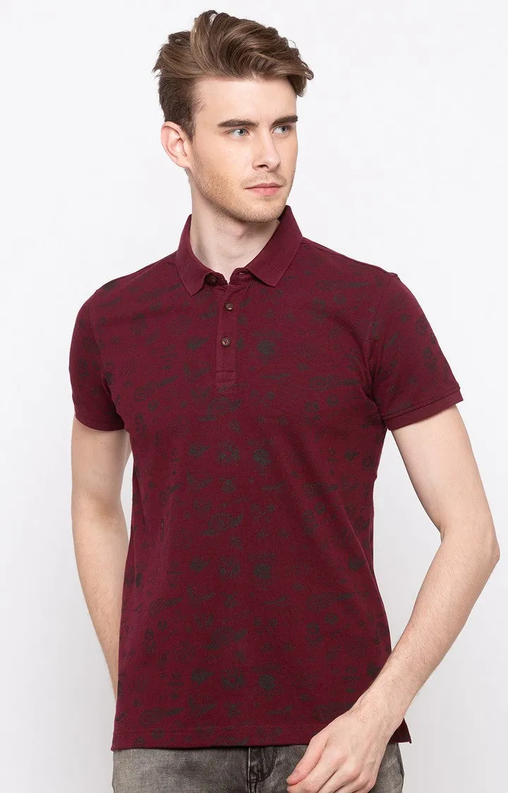 Spykar Wine Printed Slim Fit Polo T-Shirt