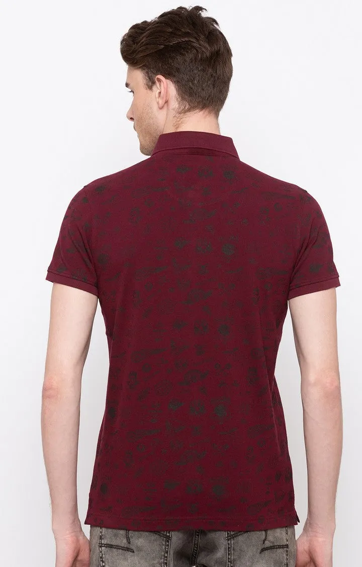 Spykar Wine Printed Slim Fit Polo T-Shirt