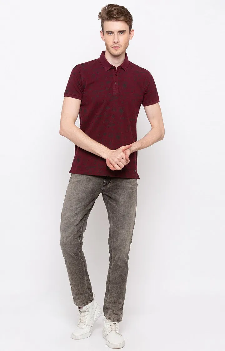 Spykar Wine Printed Slim Fit Polo T-Shirt