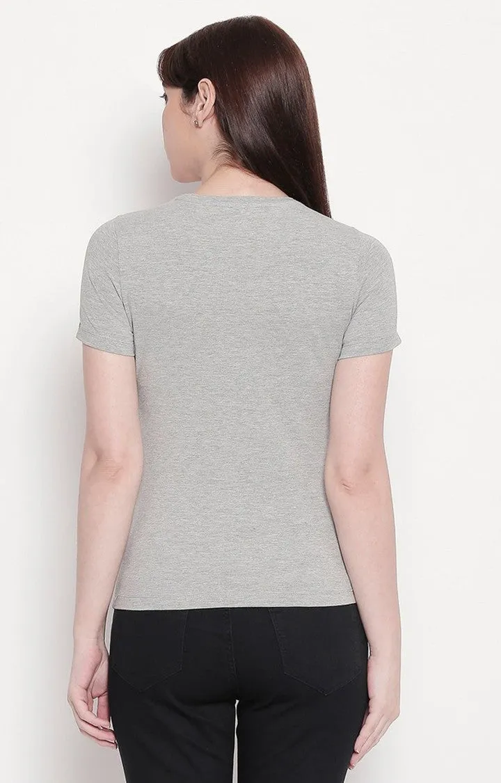 Spykar Women Grey Cotton Regular Round Neck T-Shirt