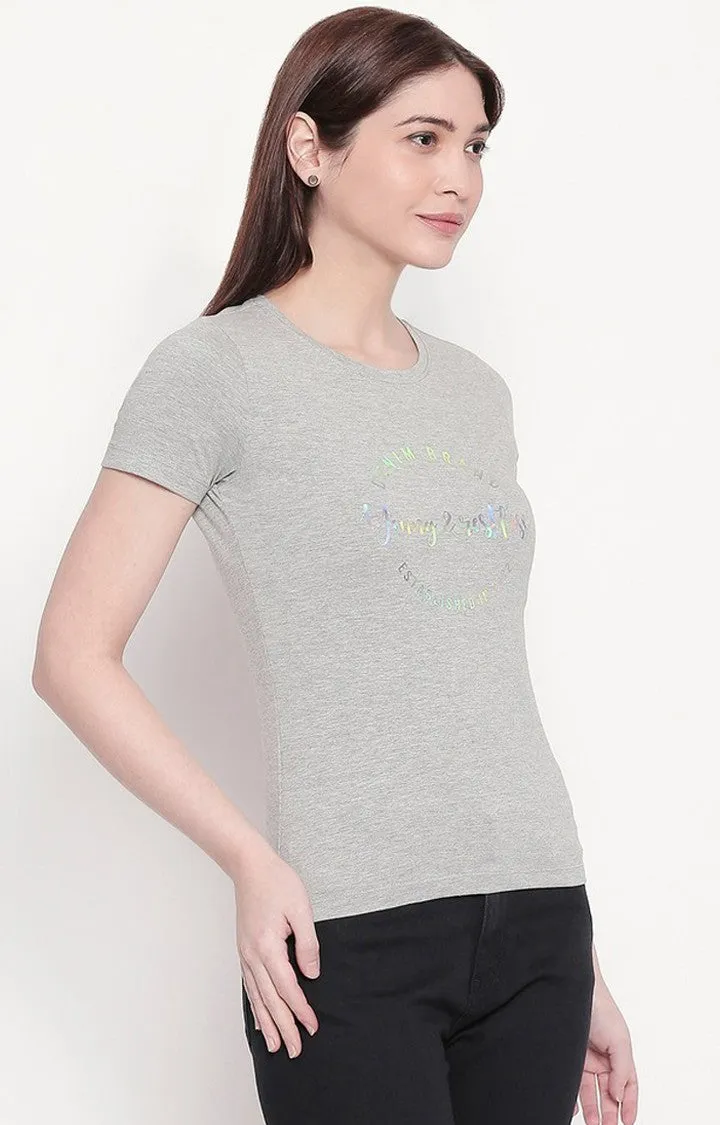 Spykar Women Grey Cotton Regular Round Neck T-Shirt