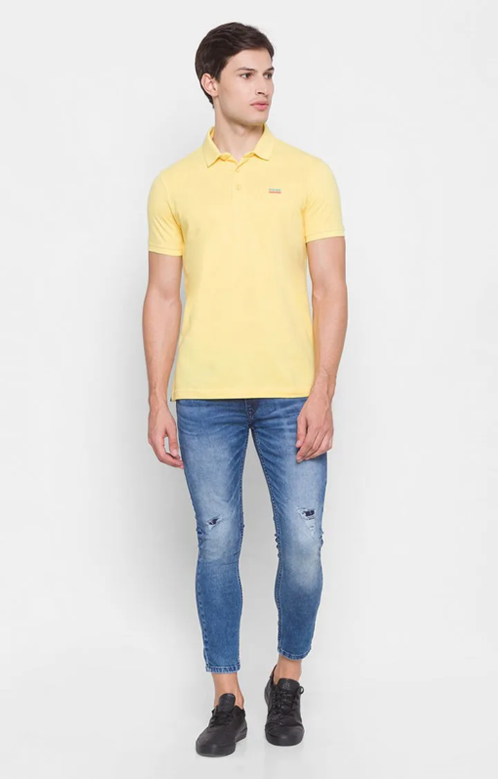 Spykar Yellow Cotton Slim Fit Polo T-Shirt For Men