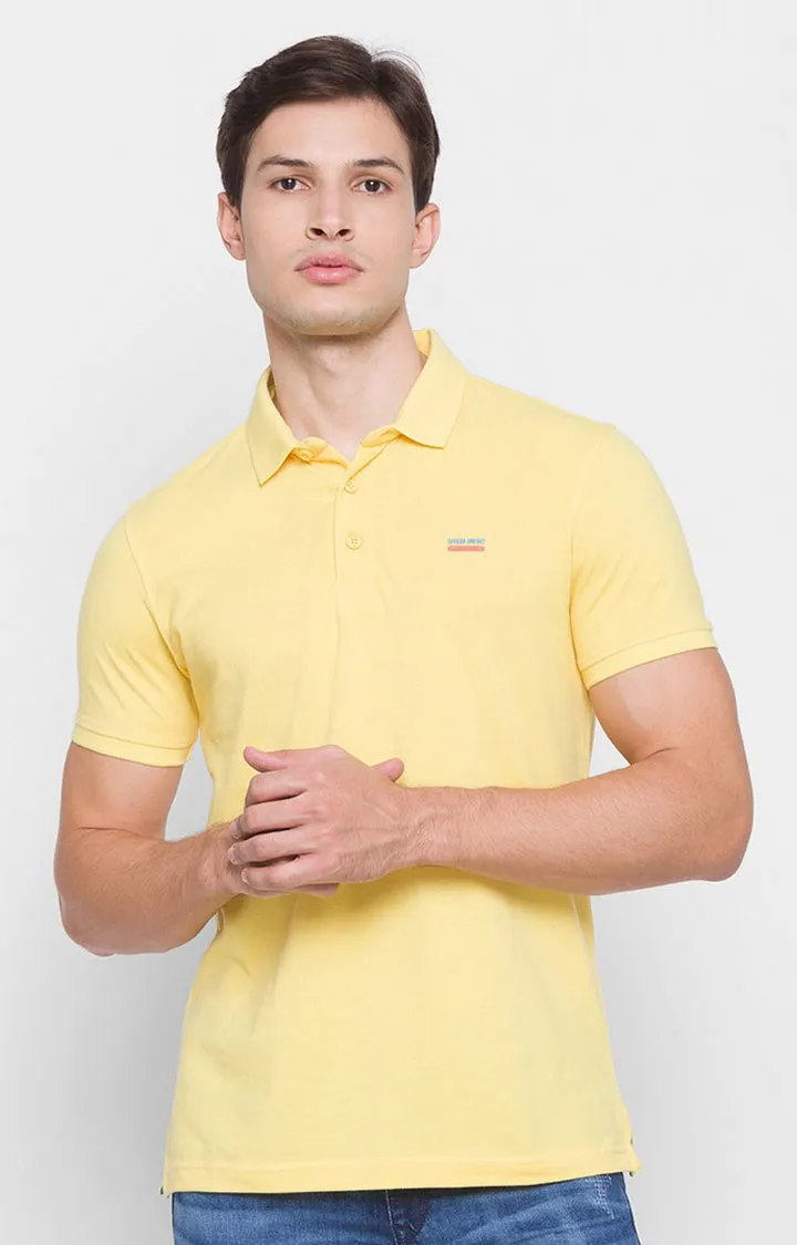 Spykar Yellow Cotton Slim Fit Polo T-Shirt For Men