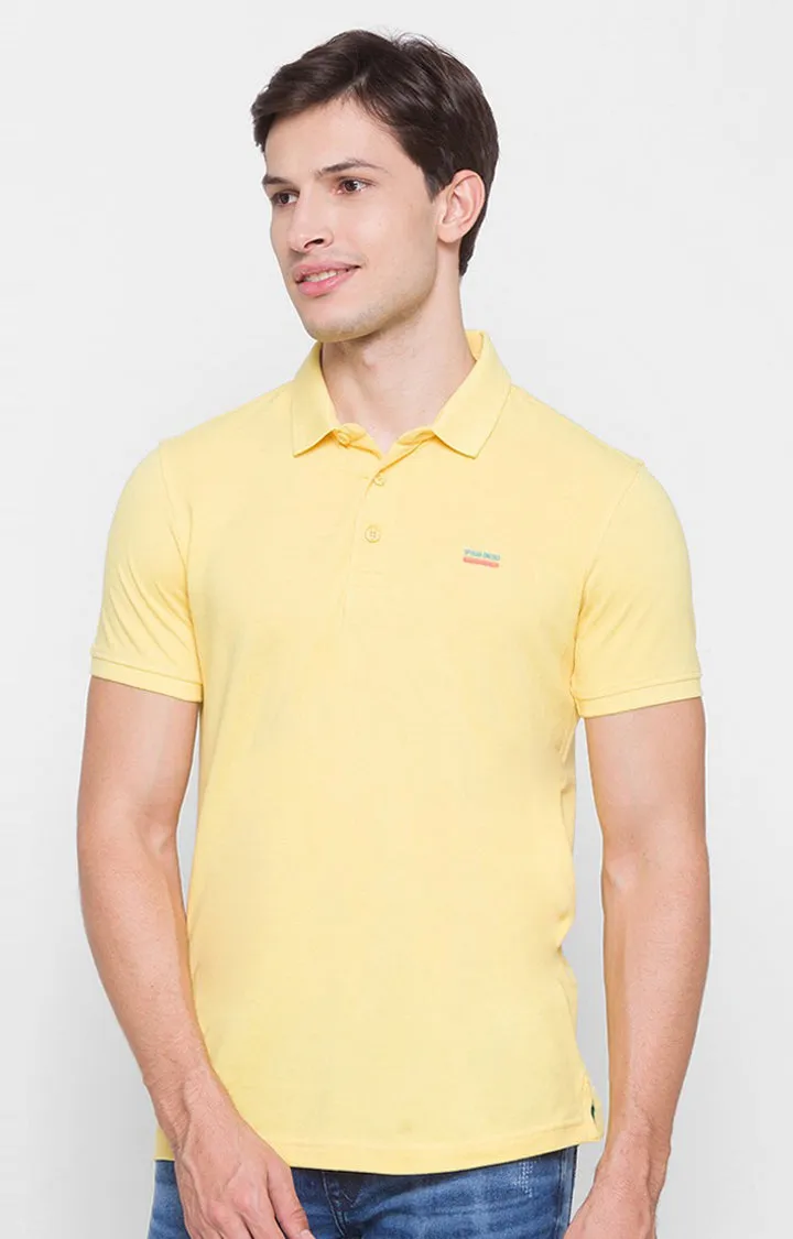 Spykar Yellow Cotton Slim Fit Polo T-Shirt For Men