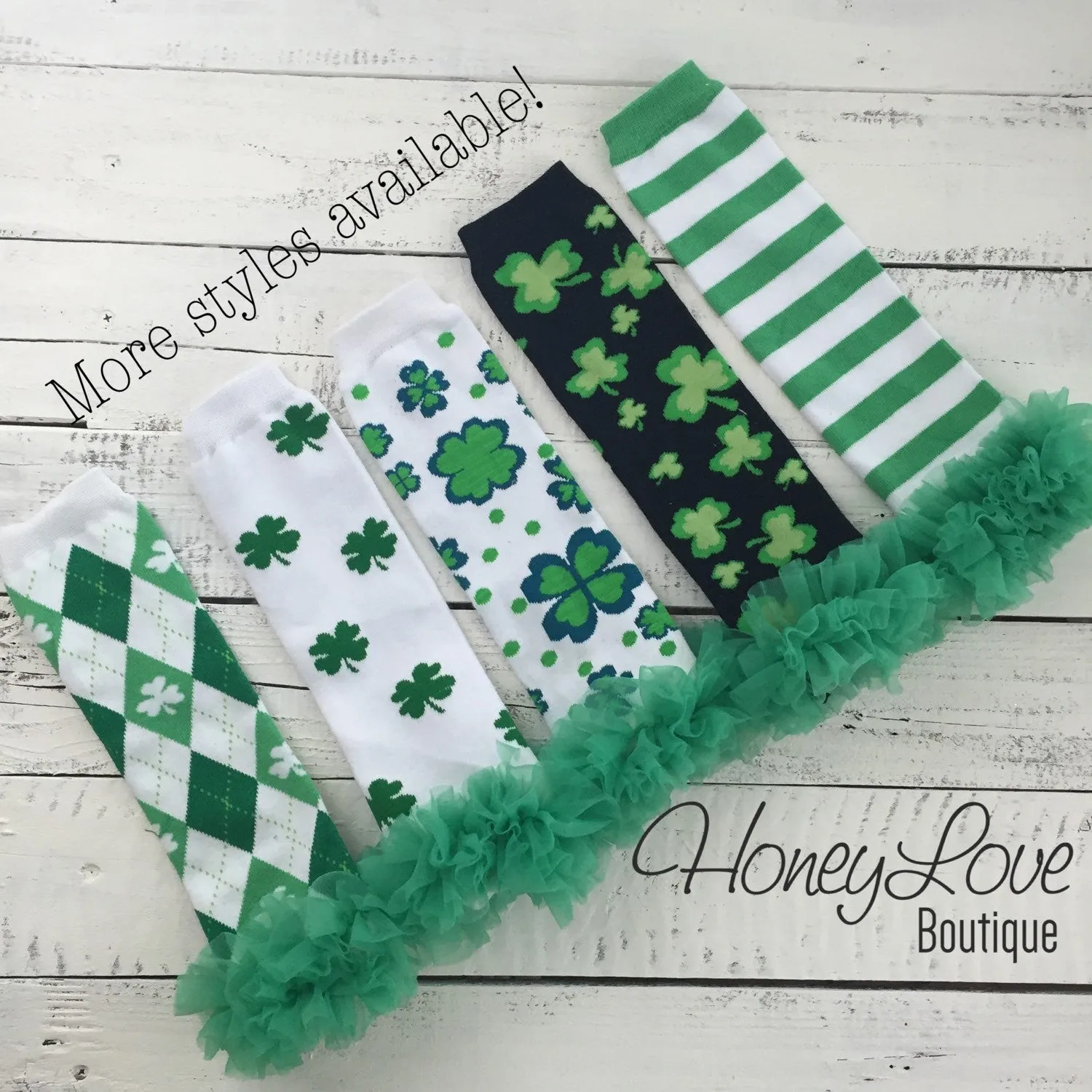 St. Patrick's Day Green/Navy Shamrock leg warmers with green ruffles