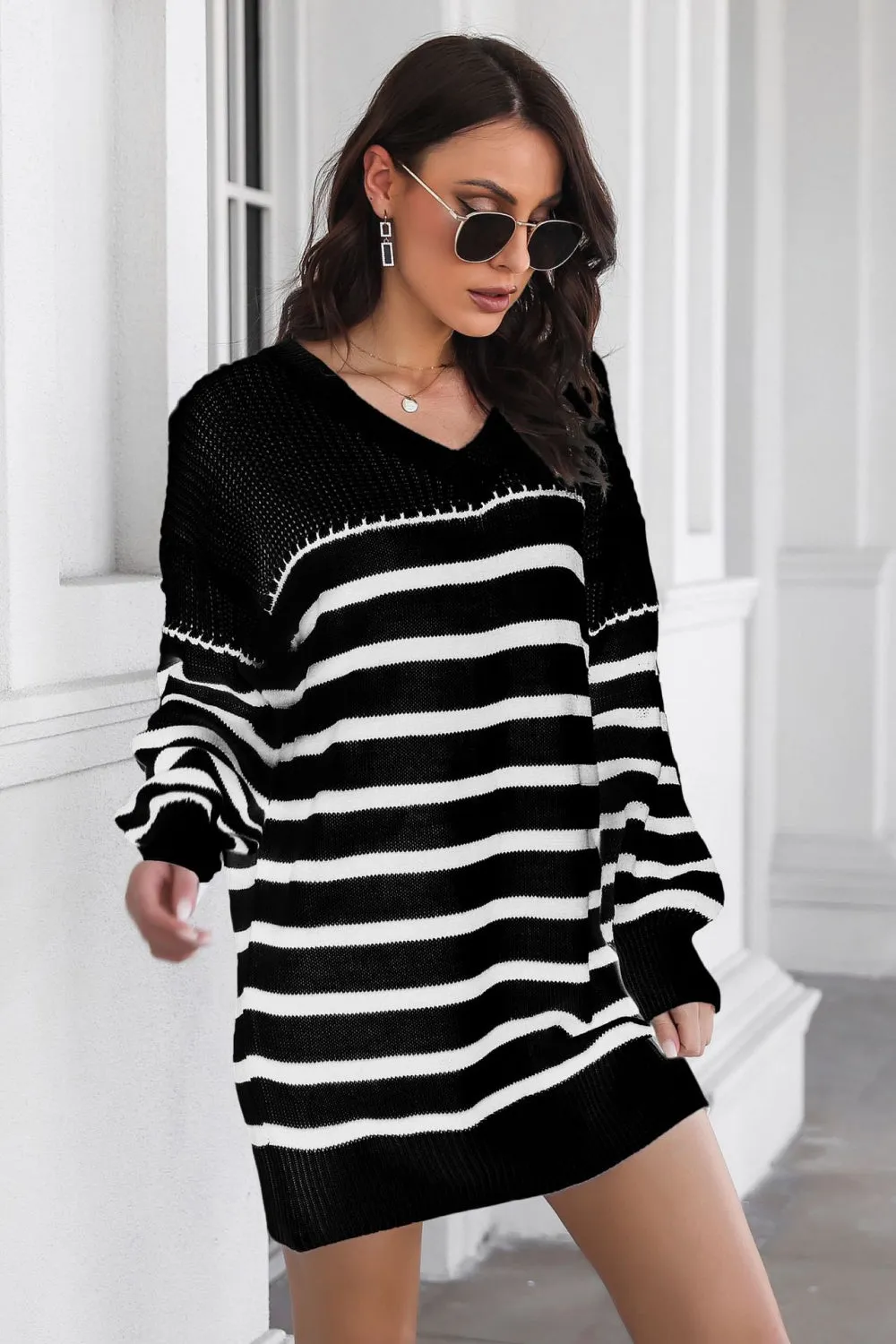 Striped V-Neck Drop Shoulder Sweater Dress