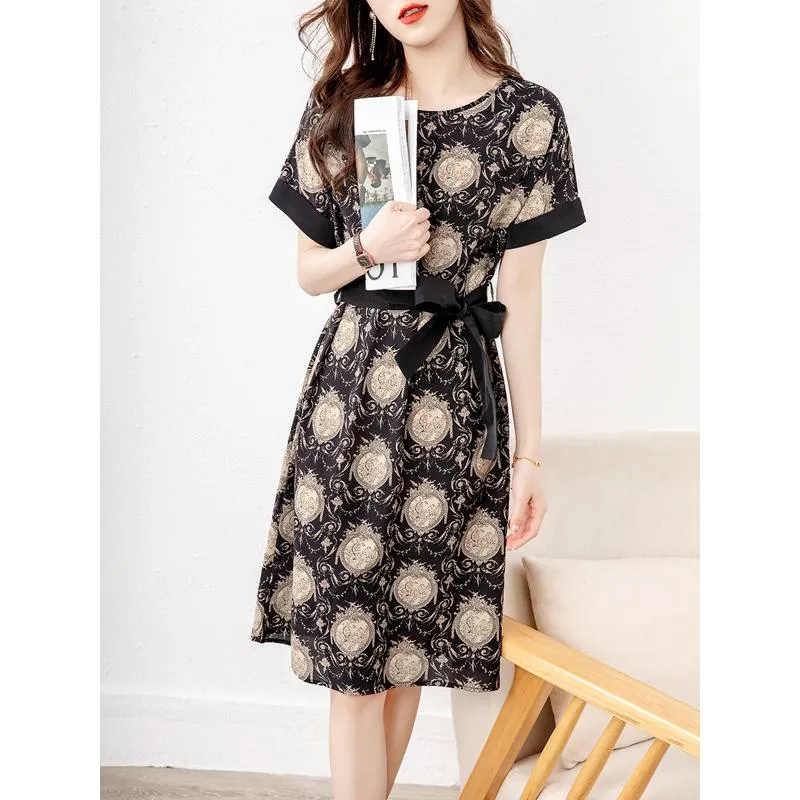 Tie-Up Slimming Round Neck Waist Cinching Dress