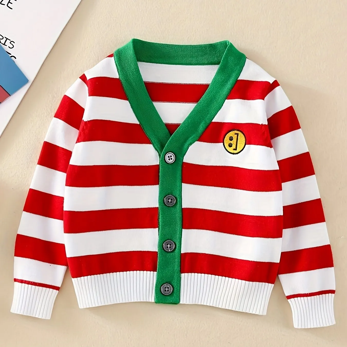 Toddler Girls Cotton 80% Knit Cardigan Sweater, Casual Striped Outerwear With Button Closure, Green & Red, V-Neck Jacket