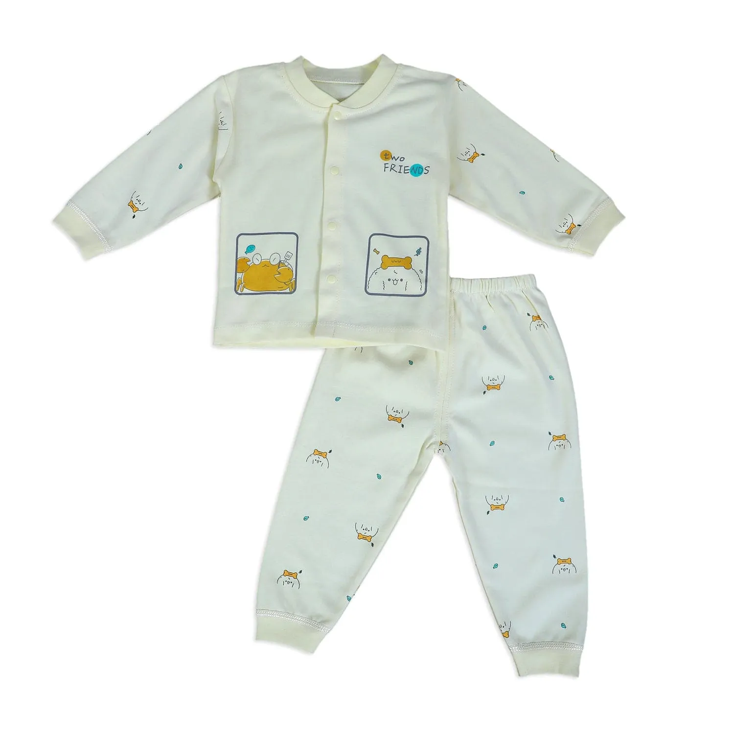 Two Friends Full Sleeves 2 Piece Buttoned Pyjama Set Night Suit - Yellow