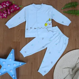 Unicorn Full Sleeves 2 Piece Buttoned Pyjama Set Night Suit - Blue