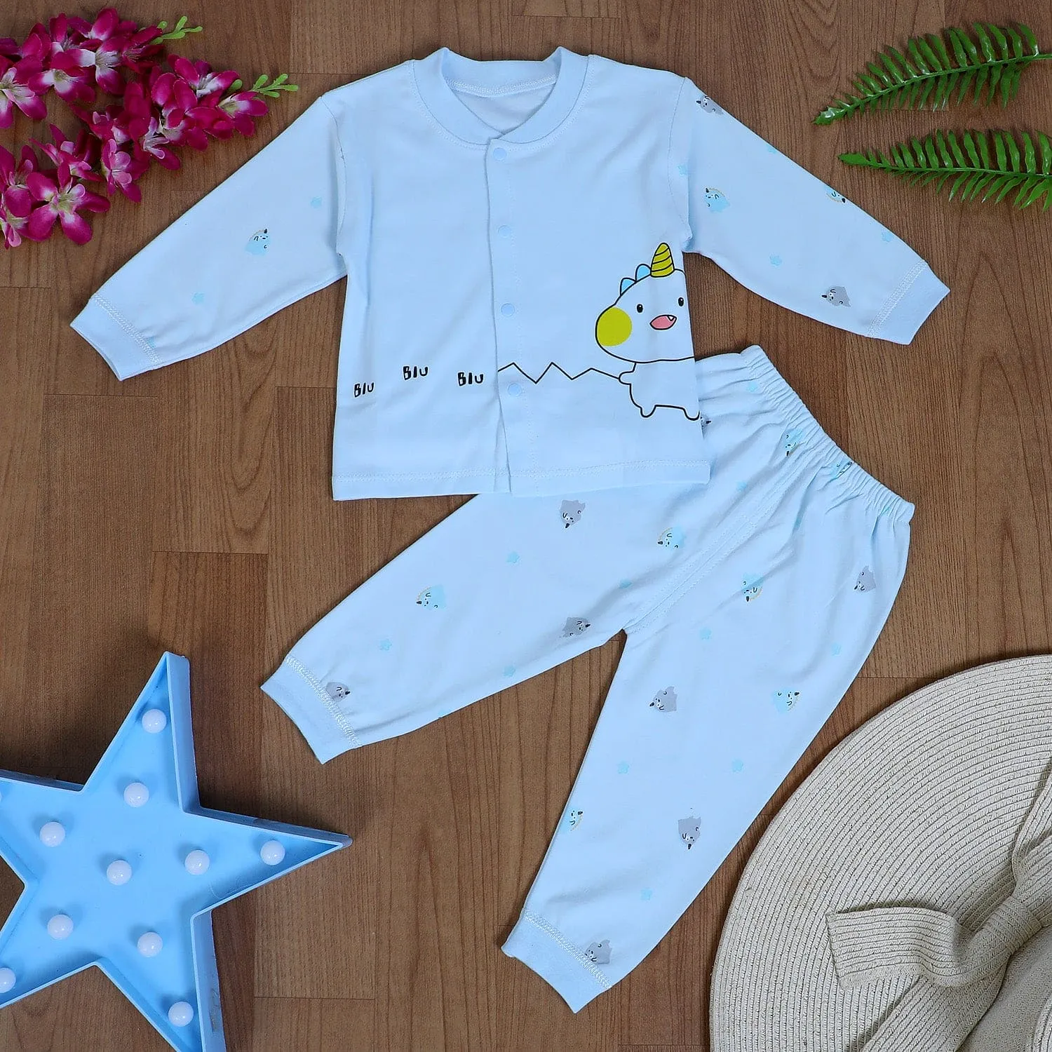 Unicorn Full Sleeves 2 Piece Buttoned Pyjama Set Night Suit - Blue