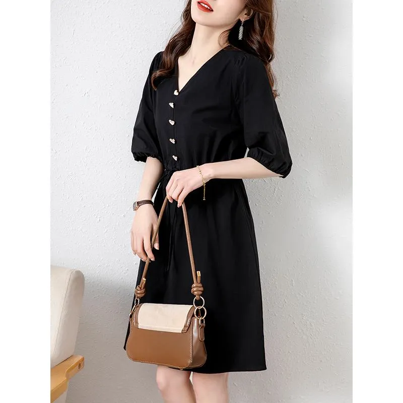 V-Neck Anti-Aging Cinched Waist French Style Lantern Long Sleeve Chic Dress