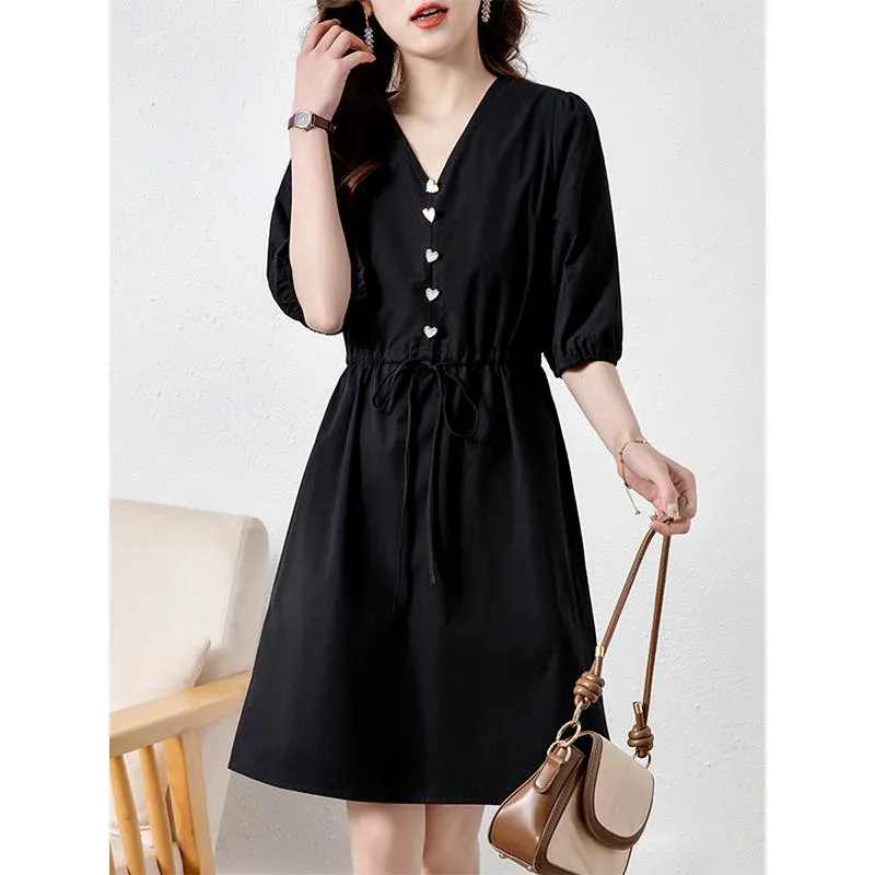 V-Neck Anti-Aging Cinched Waist French Style Lantern Long Sleeve Chic Dress