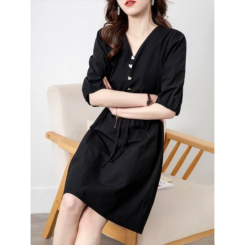 V-Neck Anti-Aging Cinched Waist French Style Lantern Long Sleeve Chic Dress