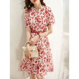 V-Neck Pure Cotton Floral Print Waist Belt Cinched Waist Dress