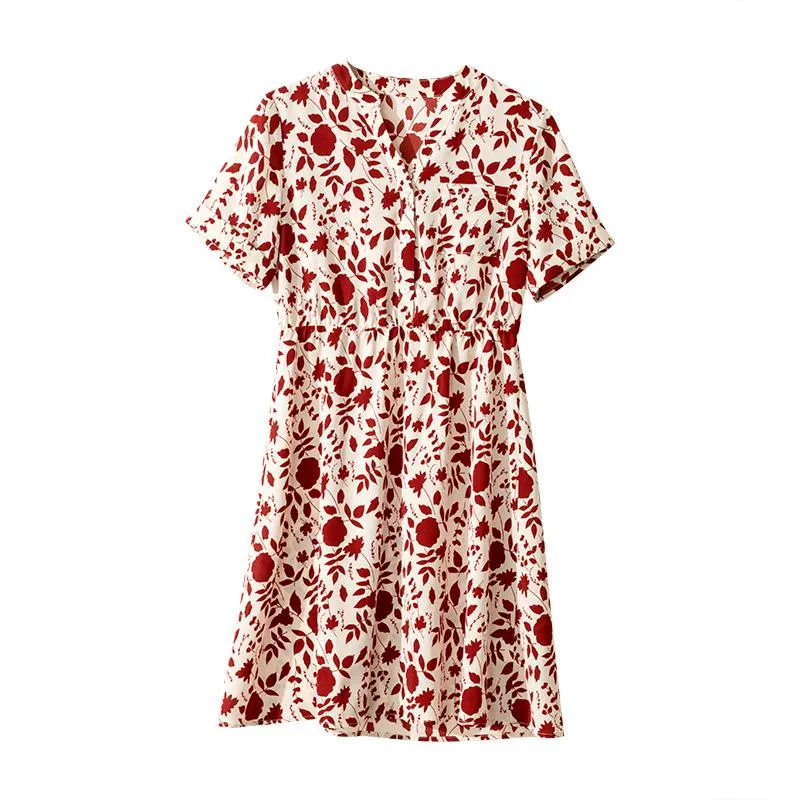 V-Neck Pure Cotton Floral Print Waist Belt Cinched Waist Dress