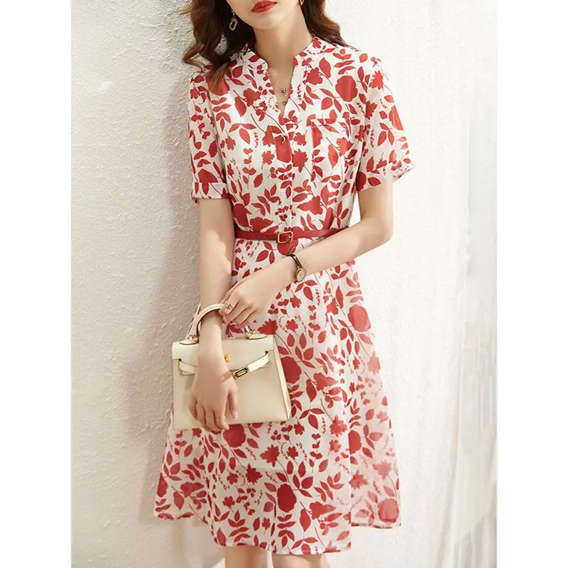 V-Neck Pure Cotton Floral Print Waist Belt Cinched Waist Dress