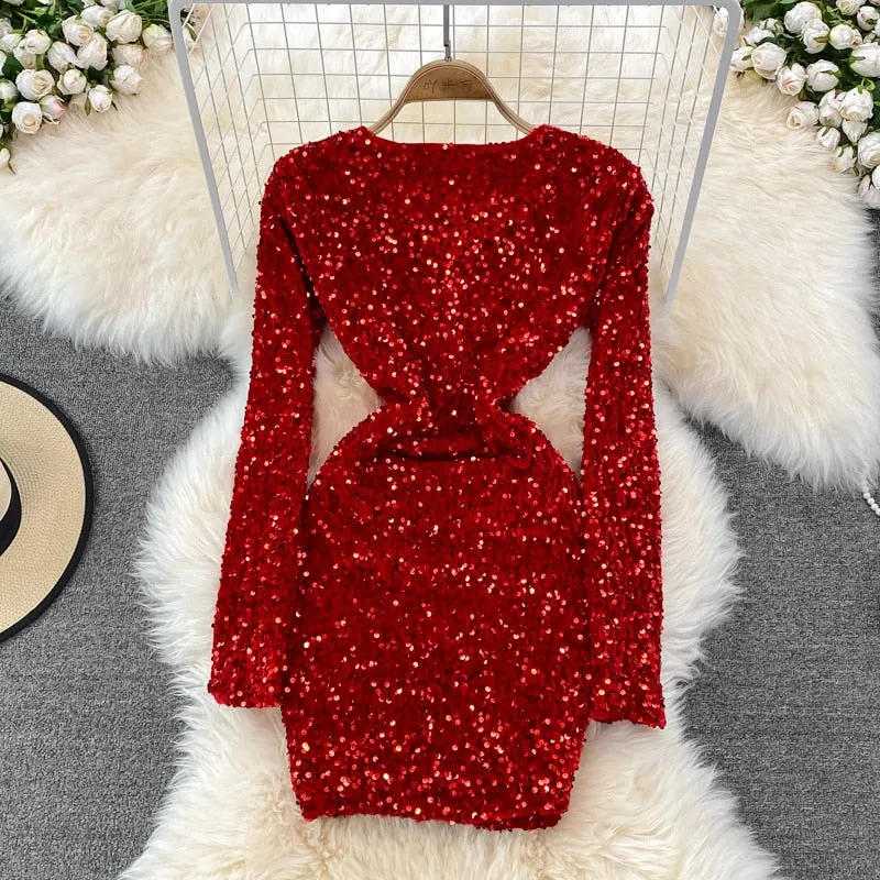 V-neck Sequins Glitter Dress    S577