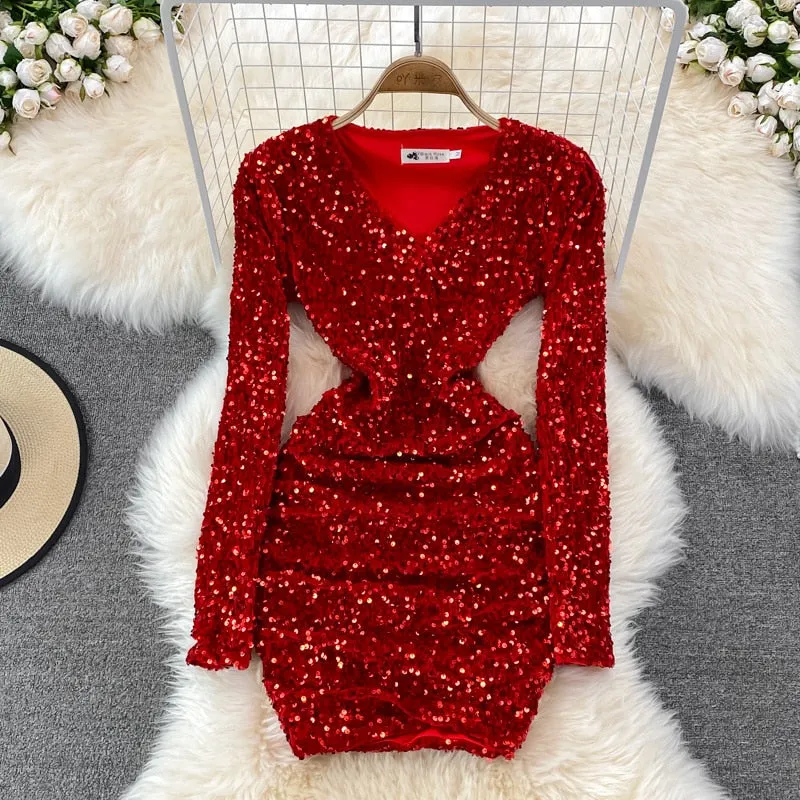 V-neck Sequins Glitter Dress    S577