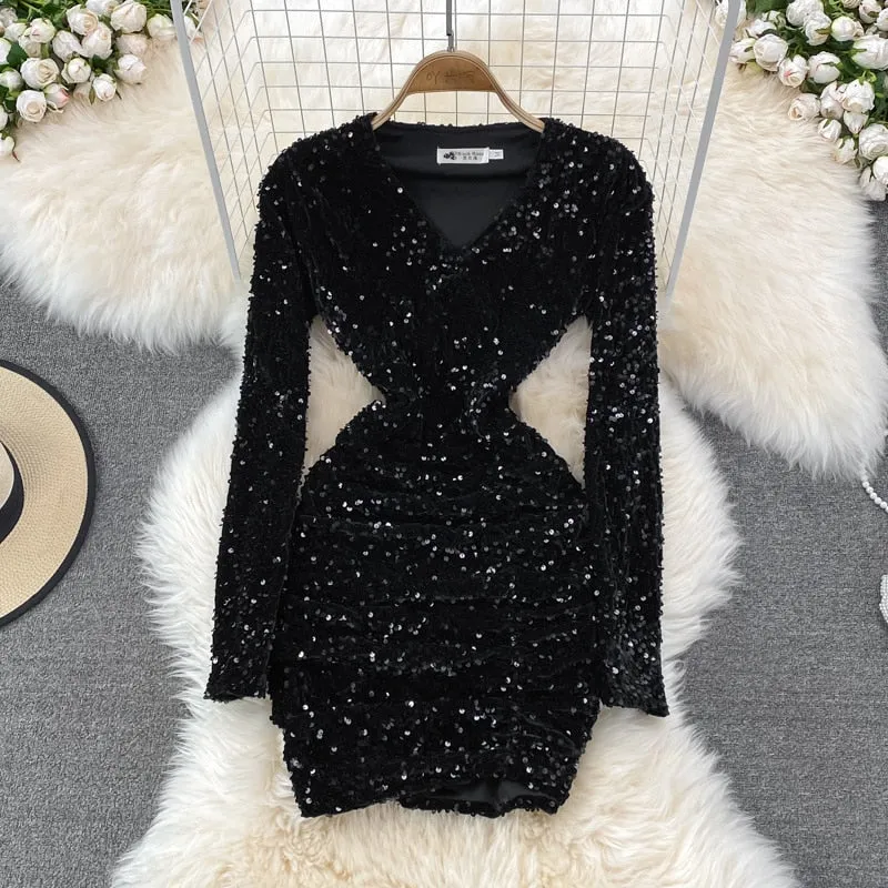 V-neck Sequins Glitter Dress    S577