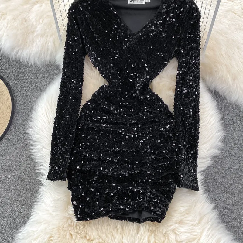 V-neck Sequins Glitter Dress    S577