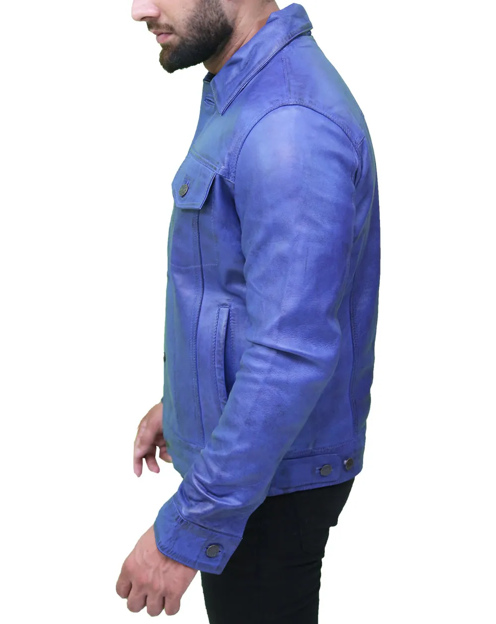 Vintage Men's Blue Real Leather Trucker Jacket