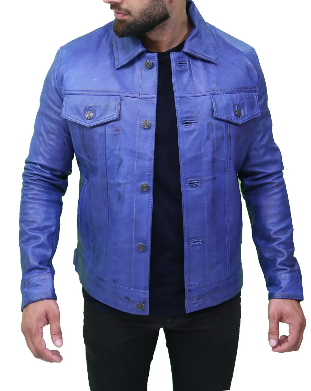 Vintage Men's Blue Real Leather Trucker Jacket