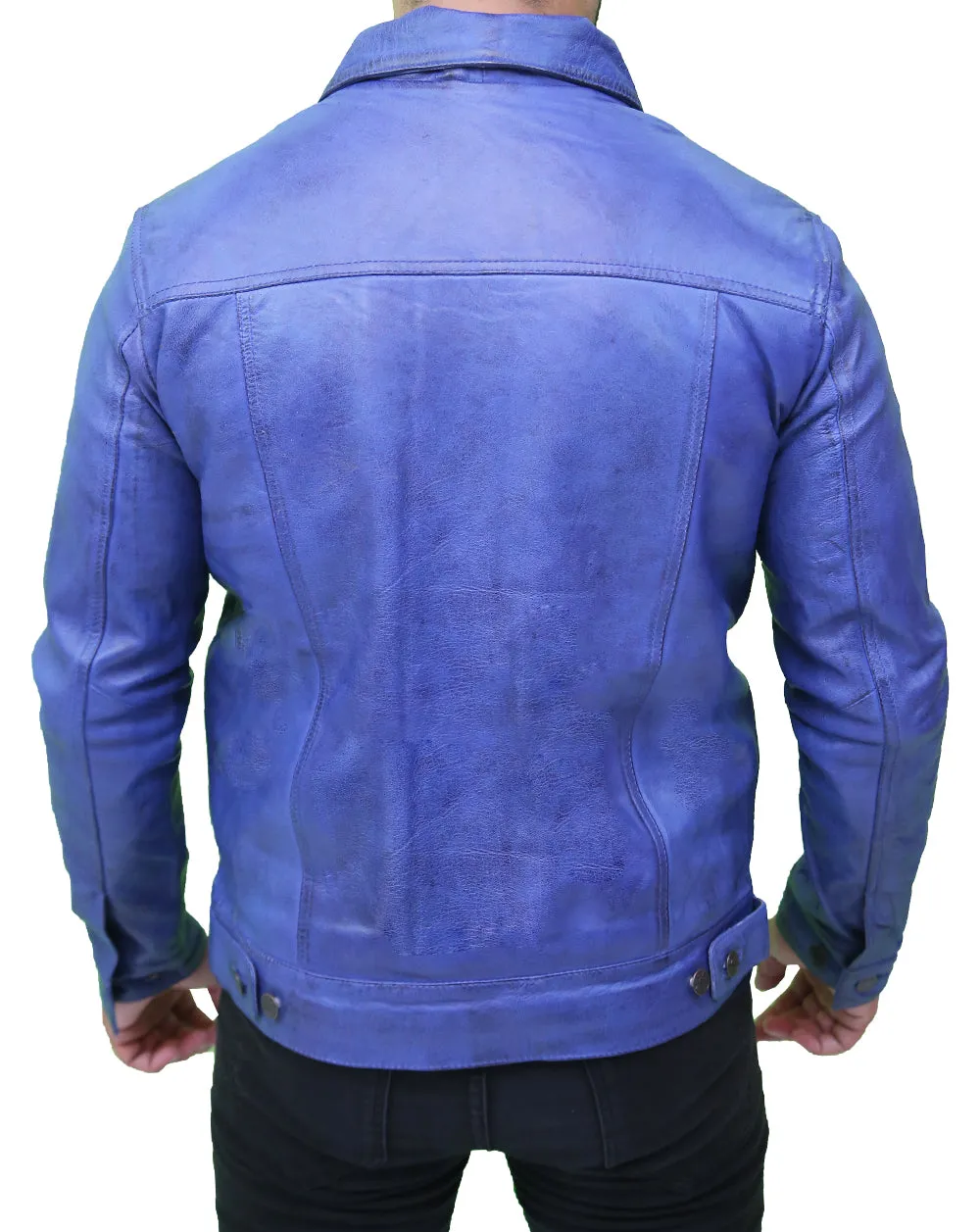 Vintage Men's Blue Real Leather Trucker Jacket