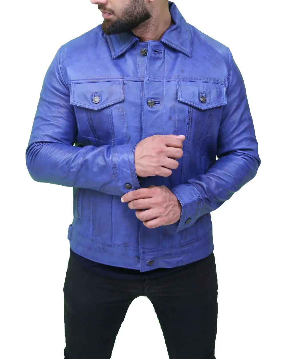 Vintage Men's Blue Real Leather Trucker Jacket