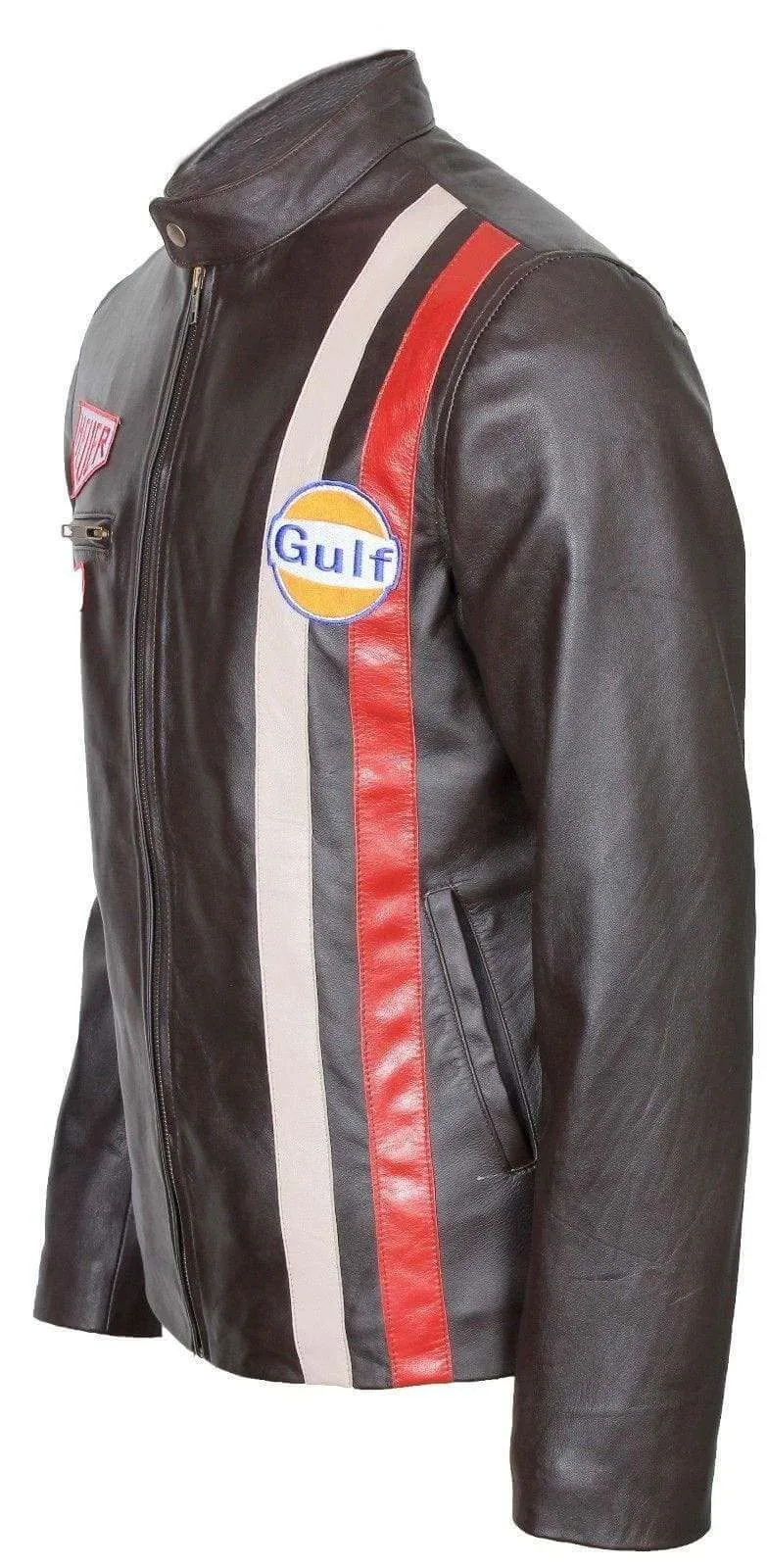 White Red Stripped Le Man Grand Prix Gulf Steve McQueen Leather Jacket