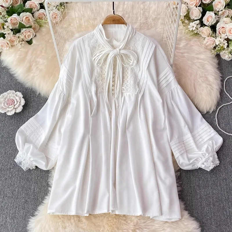 white shirt dress lantern sleeve skirt      S4095