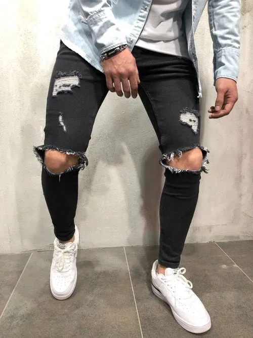 Wiaofellas  -  Jeans Men Distressed Snow Wash Paint Dot Design Pencil Pants Mens Fashion Slim Jean Knee Holes Hip-hop Denim Streetwear Trousers