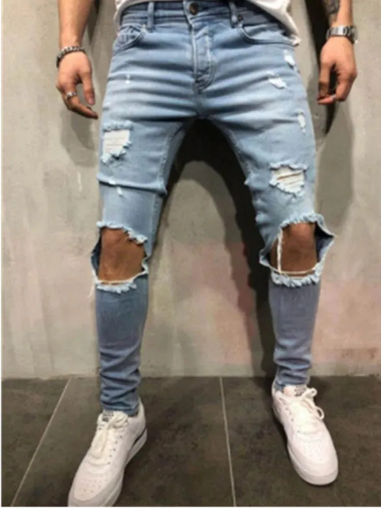 Wiaofellas  -  Jeans Men Distressed Snow Wash Paint Dot Design Pencil Pants Mens Fashion Slim Jean Knee Holes Hip-hop Denim Streetwear Trousers