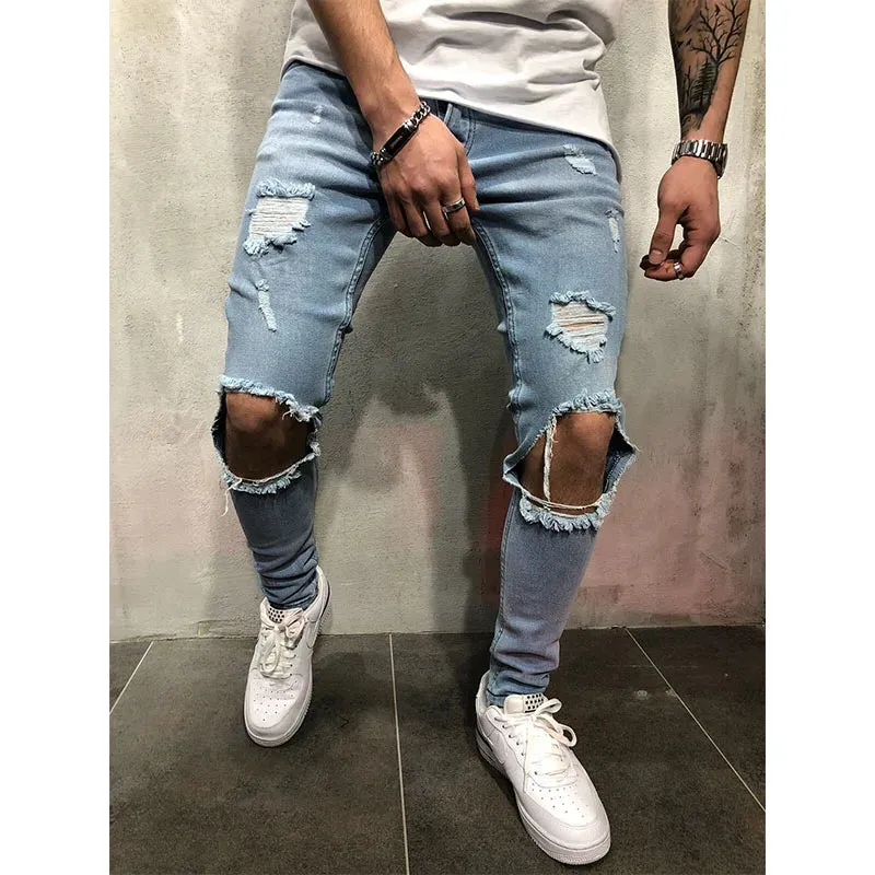 Wiaofellas  -  Jeans Men Distressed Snow Wash Paint Dot Design Pencil Pants Mens Fashion Slim Jean Knee Holes Hip-hop Denim Streetwear Trousers