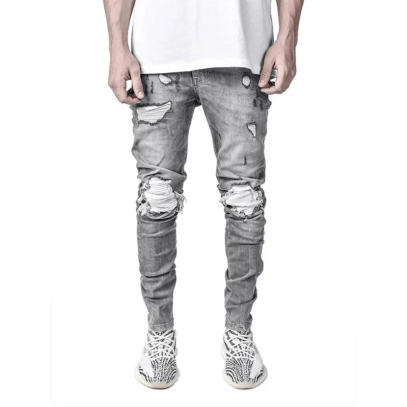 Wiaofellas  -  Jeans Men Distressed Snow Wash Paint Dot Design Pencil Pants Mens Fashion Slim Jean Knee Holes Hip-hop Denim Streetwear Trousers