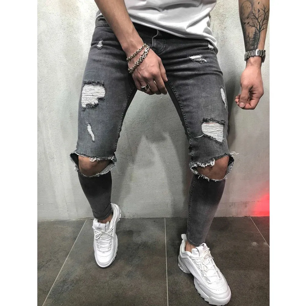 Wiaofellas  -  Jeans Men Distressed Snow Wash Paint Dot Design Pencil Pants Mens Fashion Slim Jean Knee Holes Hip-hop Denim Streetwear Trousers