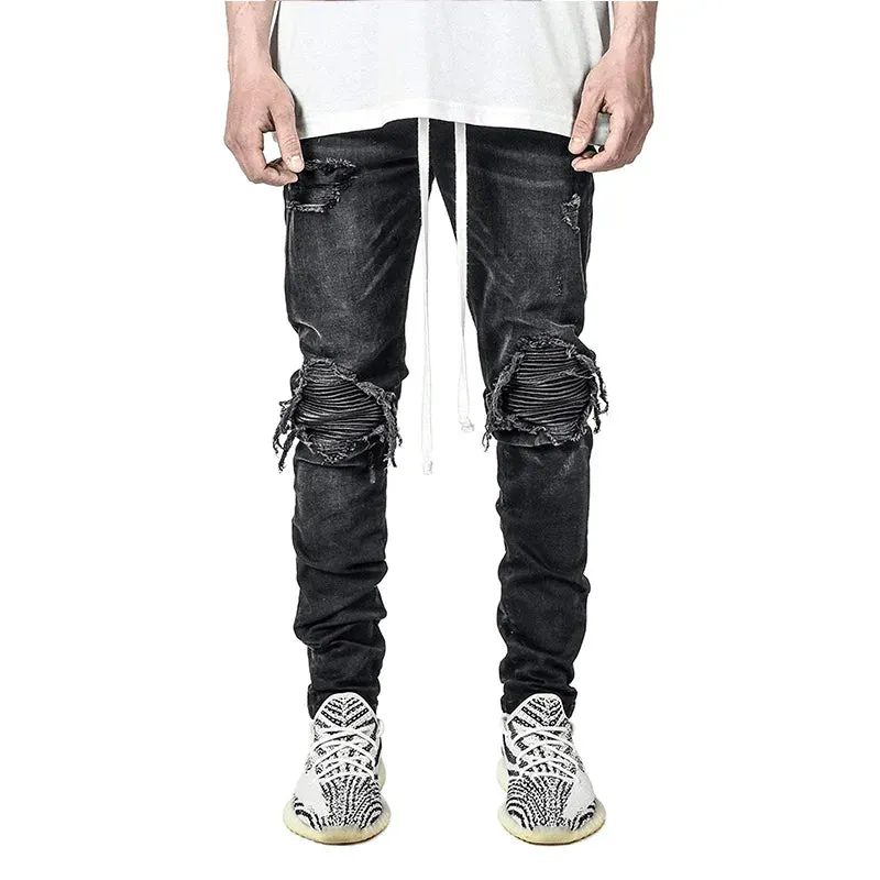 Wiaofellas  -  Jeans Men Distressed Snow Wash Paint Dot Design Pencil Pants Mens Fashion Slim Jean Knee Holes Hip-hop Denim Streetwear Trousers