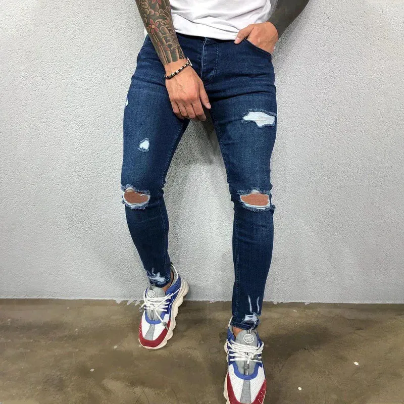 Wiaofellas  -  Jeans Men Distressed Snow Wash Paint Dot Design Pencil Pants Mens Fashion Slim Jean Knee Holes Hip-hop Denim Streetwear Trousers