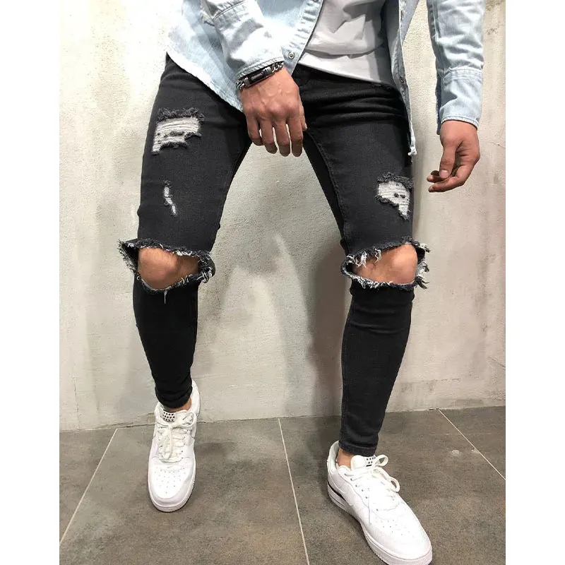 Wiaofellas  -  Jeans Men Distressed Snow Wash Paint Dot Design Pencil Pants Mens Fashion Slim Jean Knee Holes Hip-hop Denim Streetwear Trousers